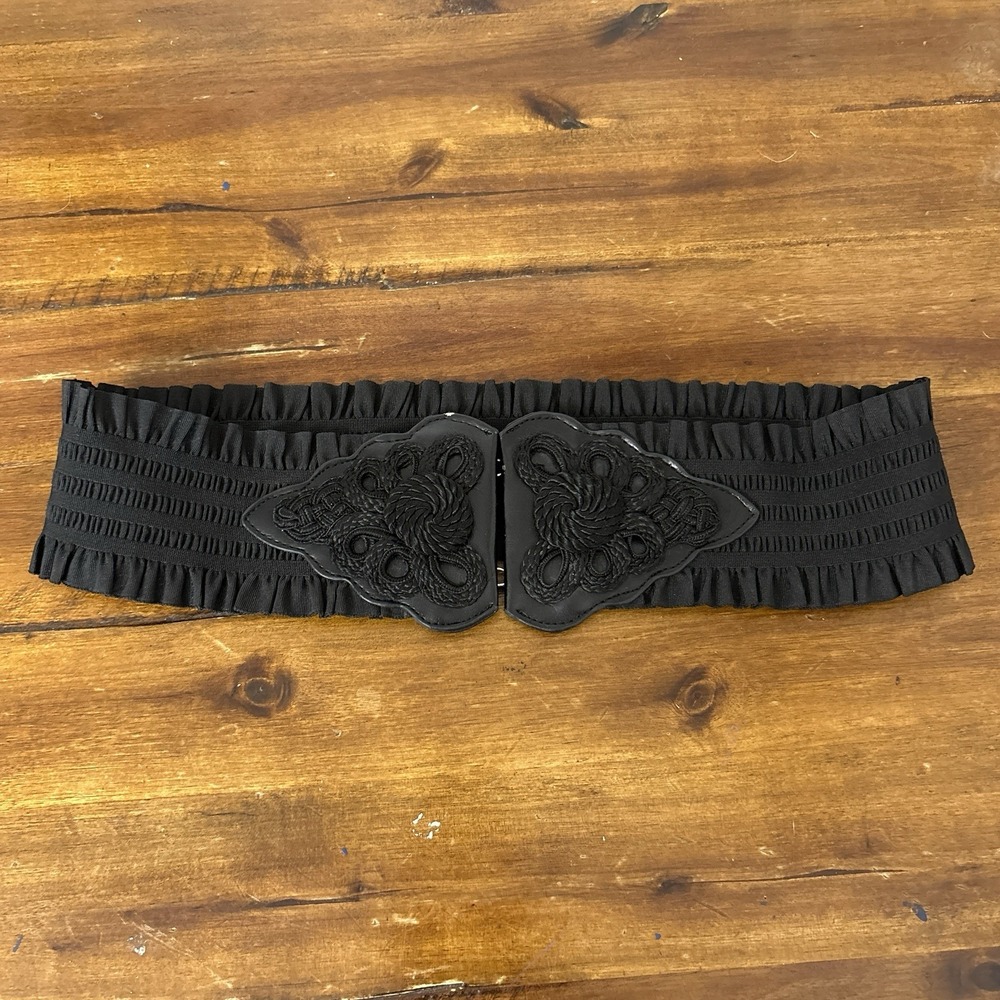 Black Ruffle Stretch Waist Belt M Faux Leather Soutache Victorian Cinch